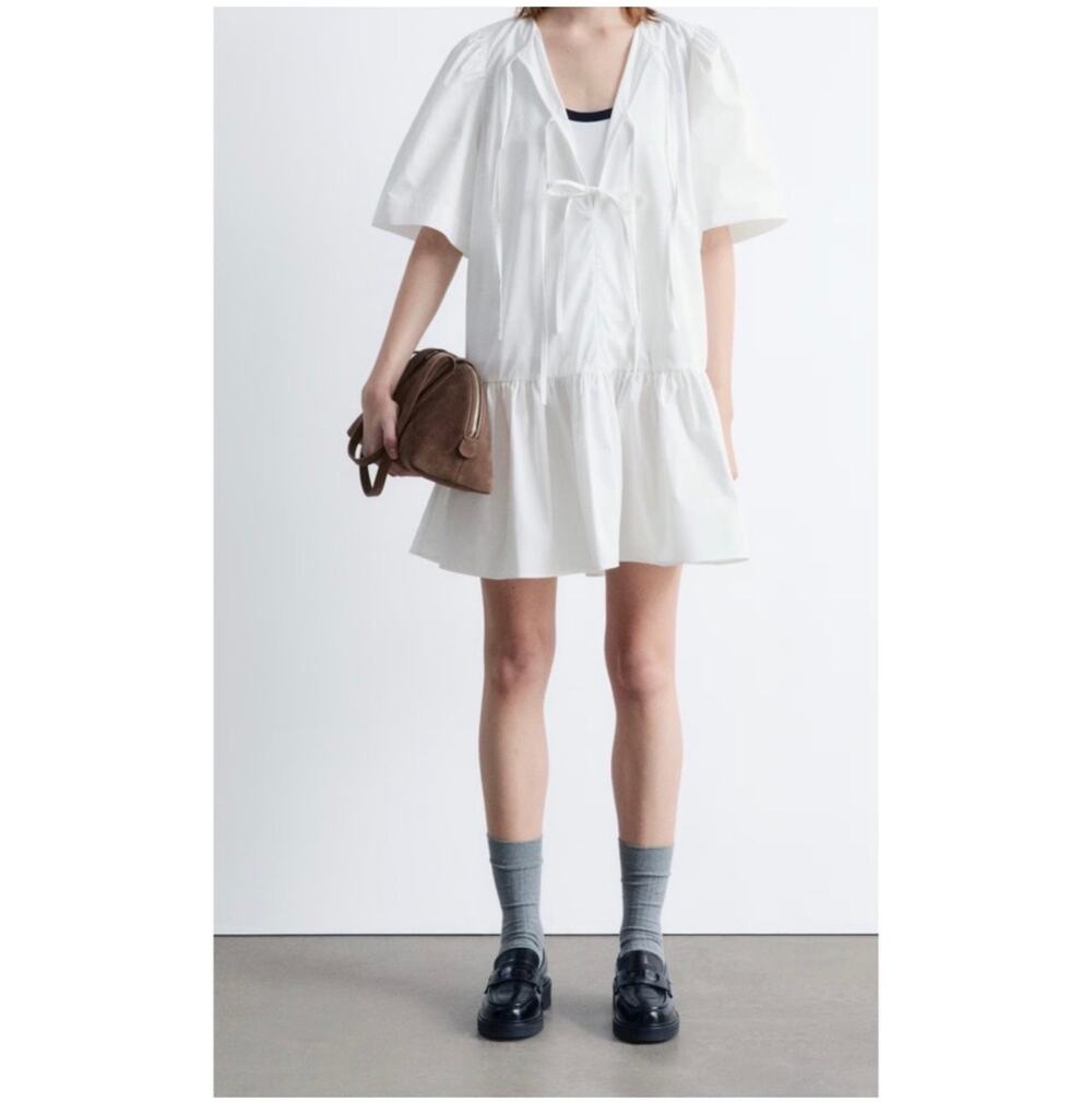 & Other Stories Dress Womens 6 White Tie Front Peplum Mini Cotton Lightweight